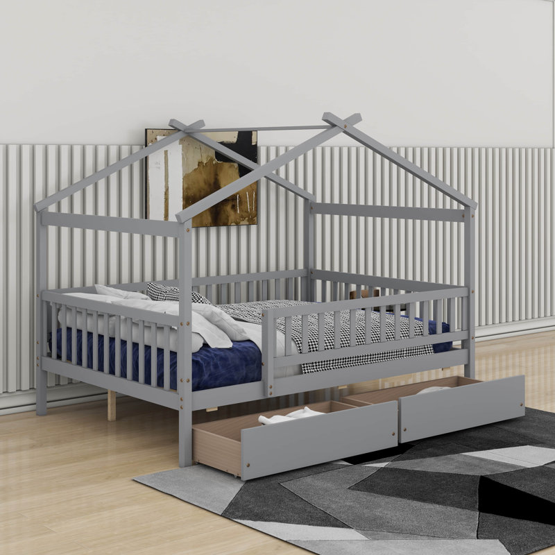 Full Size Wooden House Bed With Drawers, Gris
