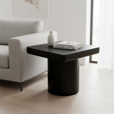 Solid Wood Veneer Living Room Console Table With Inlaid Panel Texture, Featuring A Fluted Cylindrical Base And A Thickened Tabletop Square Coffee Table.