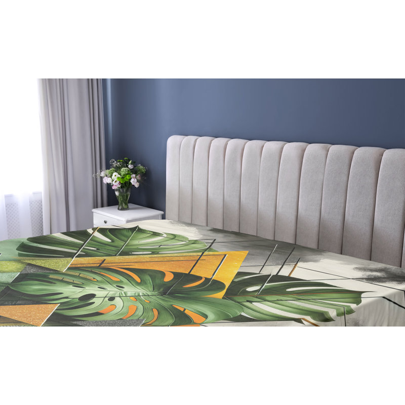 Drap-housse Ambesonne Monstera_ Triangles à feuilles mystérieuses_ Gris chameau et vert fougère, Drap-housse de taille simple