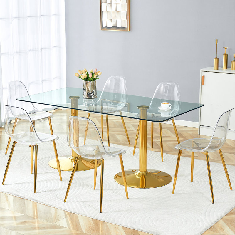 Ensembles de table de salle à manger spacieux en verre trempé de 71 pouces avec pieds en acier doré, design moderne pour la maison