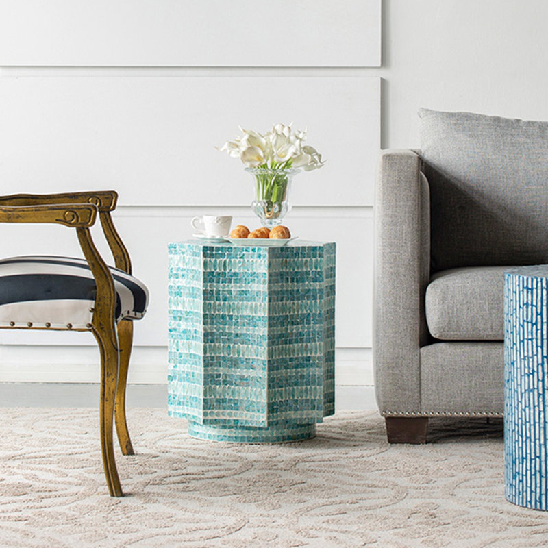 Stool with Capiz Design, Blue Multi