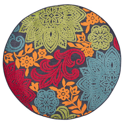 Omalley Modern Floral Navy Polypropylene Round Area Rug, 7'11'' Round