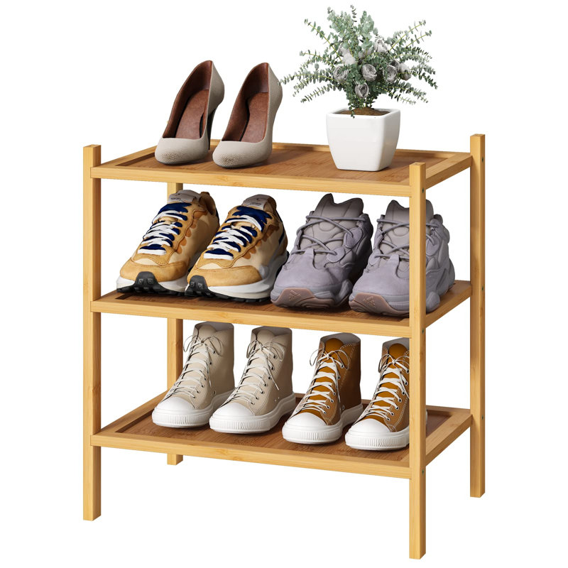 Range-chaussures compact à 3 niveaux 14 po - Bois de bambou durable pour le rangement et l'organisation de chaussures d'intérieur