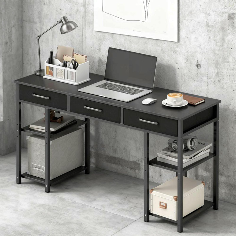 Bureau d'écriture, petit bureau d'ordinateur avec tiroirs en tissu, bureau à domicile avec tablettes réglables, Noir, Noir