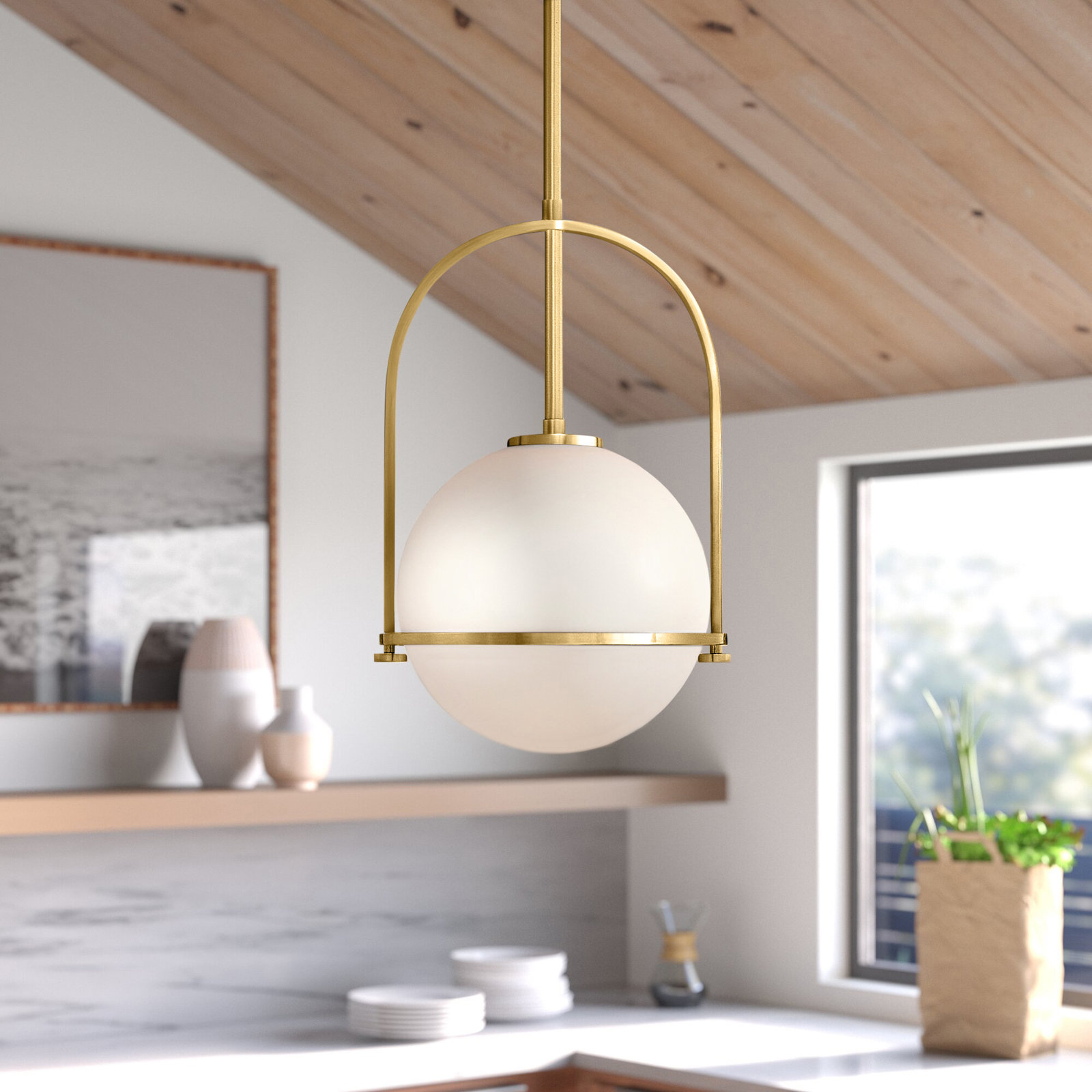 Arie 1-Light Steel Pendant with Globe Shade, 23" H x 15.5" W x 15.5" D, Heritage Brass