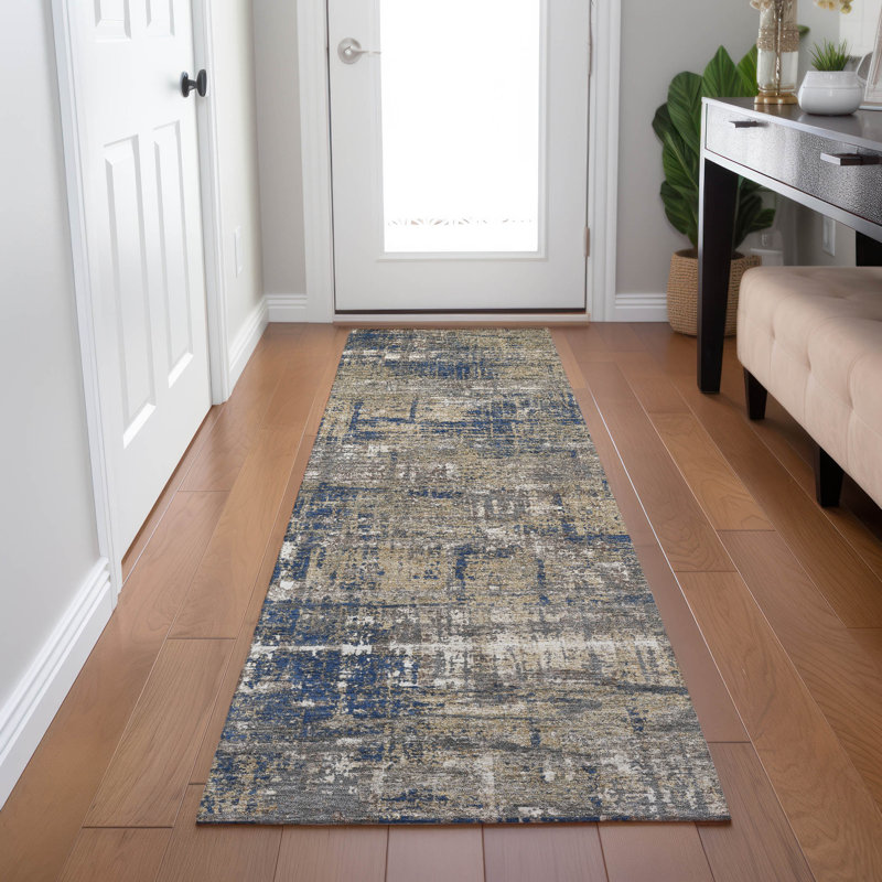 Tapis bleu marine Xhevrie intérieur / extérieur lavable à la machine, Tapis de couloir 2 pi 3 po x 7 pi 6 po