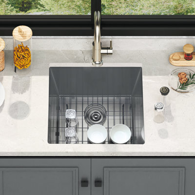 19 po Évier de cuisine encastré, cuve simple en acier inoxydable, ensemble de drain inclus, grille inférieure, support à enroulement, noir
