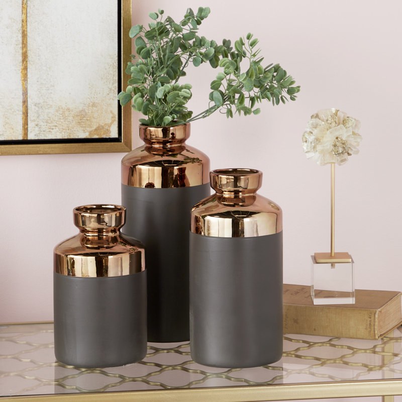 Ceramic Decorative Vase with Copper Like Tops Set, Brown