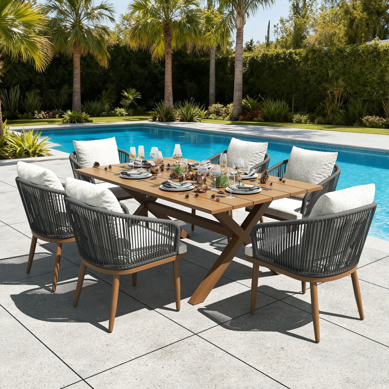 Outdoor Patio Dining Armchair with Cushion, 6, Beige, Brown Wood