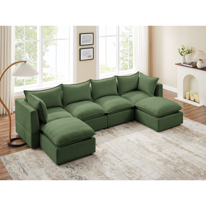 Upholstered U-Shaped Sectional with Ottoman Reversible, Olive Green Polyester