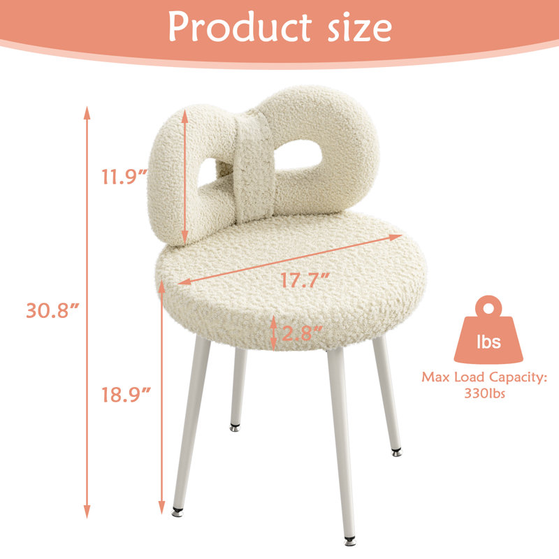 Vanity Chair With Back 17.7 Wide, Beige, White