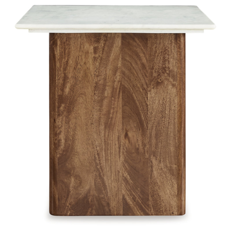 Light Brown and White Mango Wood End Table with Marble Top