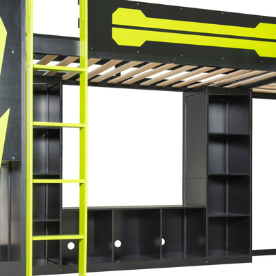 Cadre de lit de jeu simple en L en forme de L avec lumières à DEL RVB, lits simples doubles, ports USB, support de télévision et tablettes de rangement, disposition réversible, lit mezzanine en bois peu encombrant pour les adolescents et les adultes