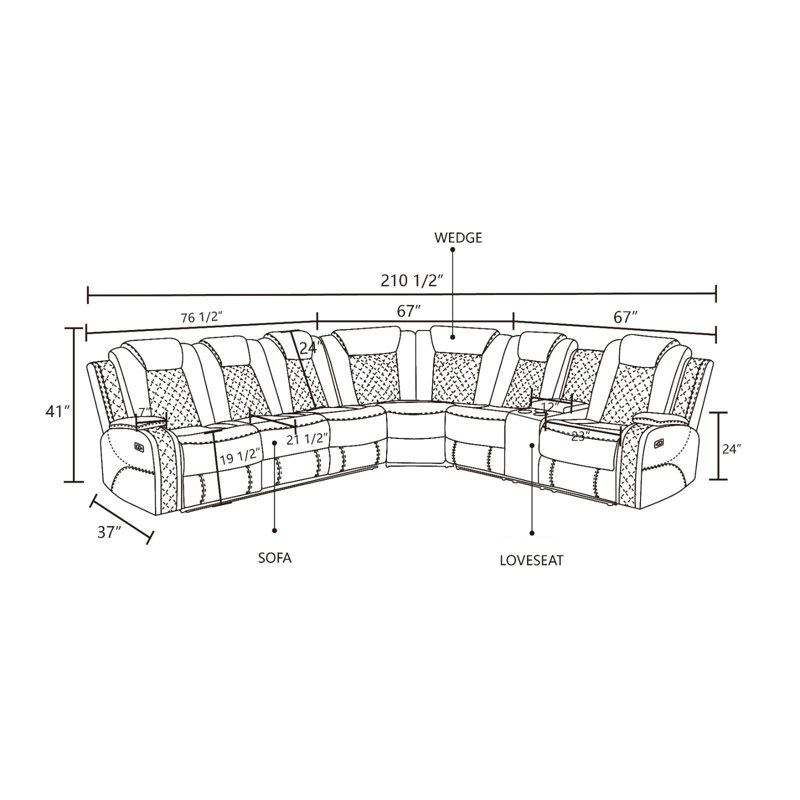 3-Pieces 210" Breathing Leather Power Reclining Theater Sectional with Wireless Chargers and LED Lighting (Set of 3), White