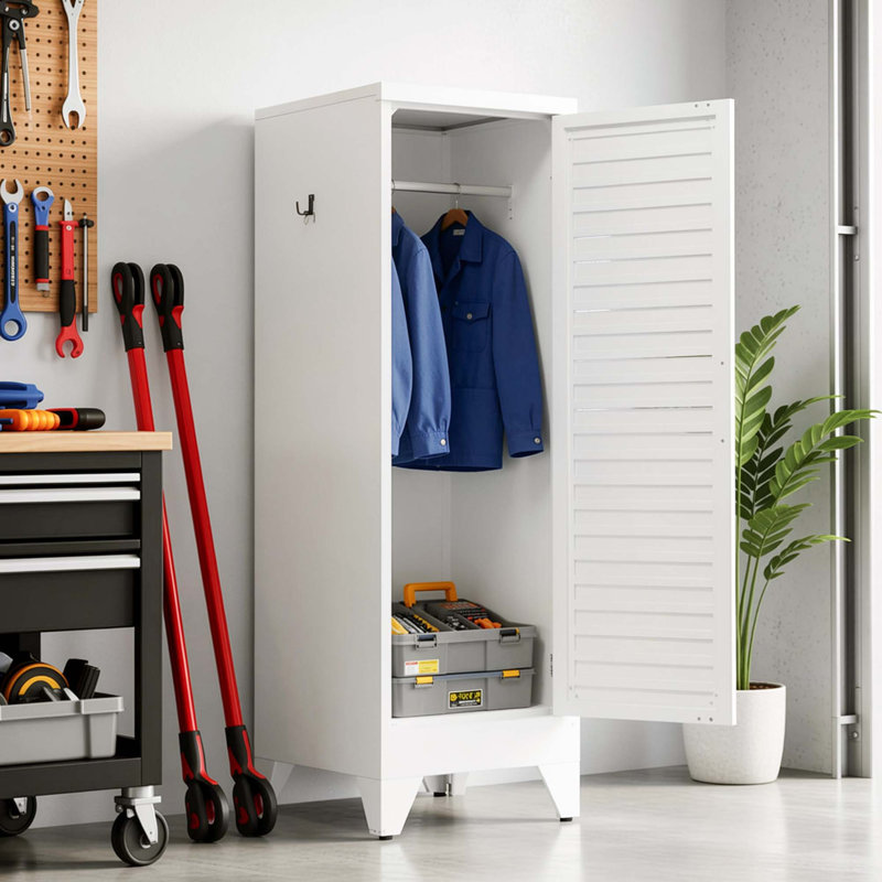 Armoire de rangement en métal avec porte à persiennes et rail de suspension