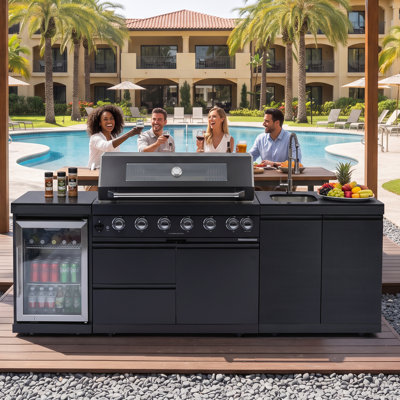 Station de cuisson au gaz pour îlot de cuisine en acier inoxydable 304 de 96 pouces Harlow, cuisine extérieure modulaire avec brûleur infrarouge à hauteur réglable et refroidisseur de boissons intégré
