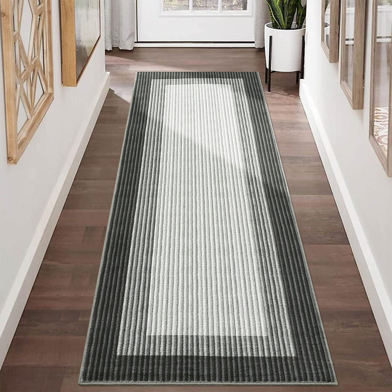 2 x 6 ft Polyester Black Grey Rectangular Runner Rug Geometric Bordered Modern Machine Washable for Indoor, Runner 2' x 6'