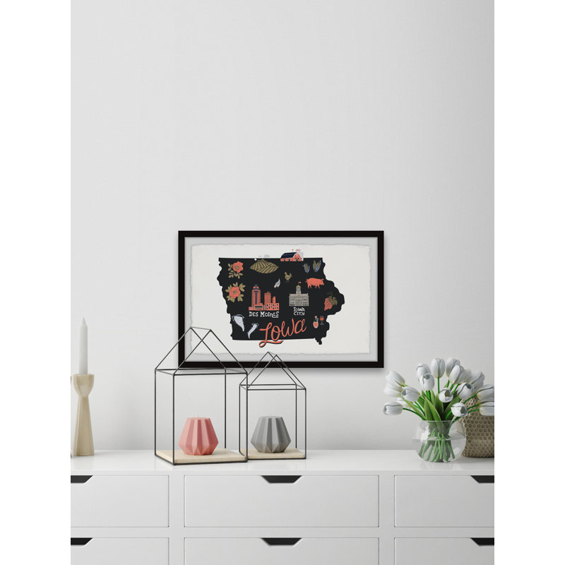 Iowa Sites - Reproduction d'art graphique sur papier encadré, H 30 po x l 45 po x 1,5 po
