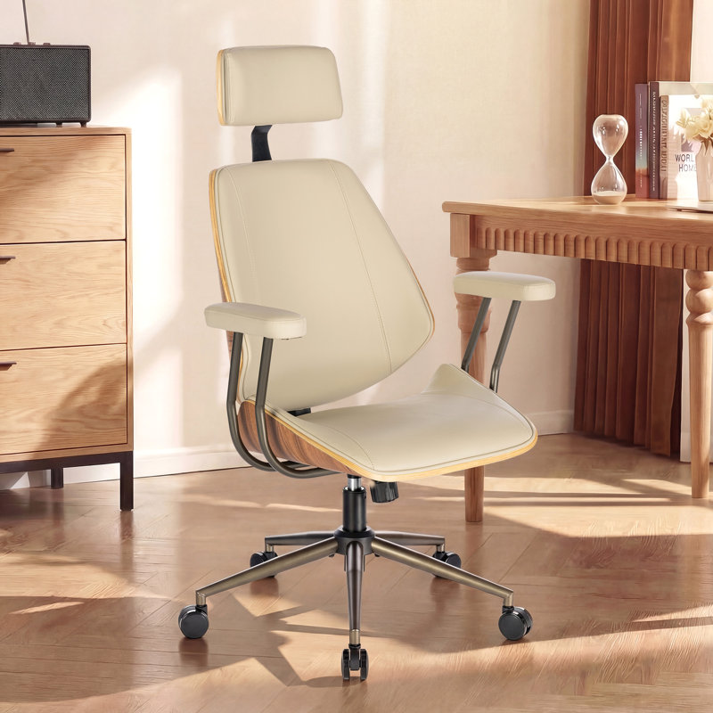 Mid-Century Modern Ergonomic Office Chair with Headrest, Faux Leather & Wood Frame, Beige