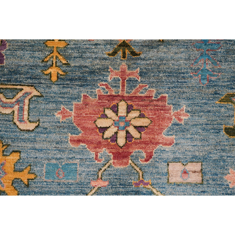 Tapis bleu ciel / jaune / vert noué à la main de haute qualité