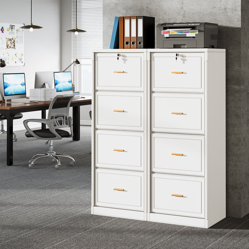 Ensemble de 2 classeurs verticaux à 4 tiroirs, armoire de rangement de bureau avec serrure, barres de suspension réglables, 130 cm (H) x 45 cm (P) x 58 cm (L)
