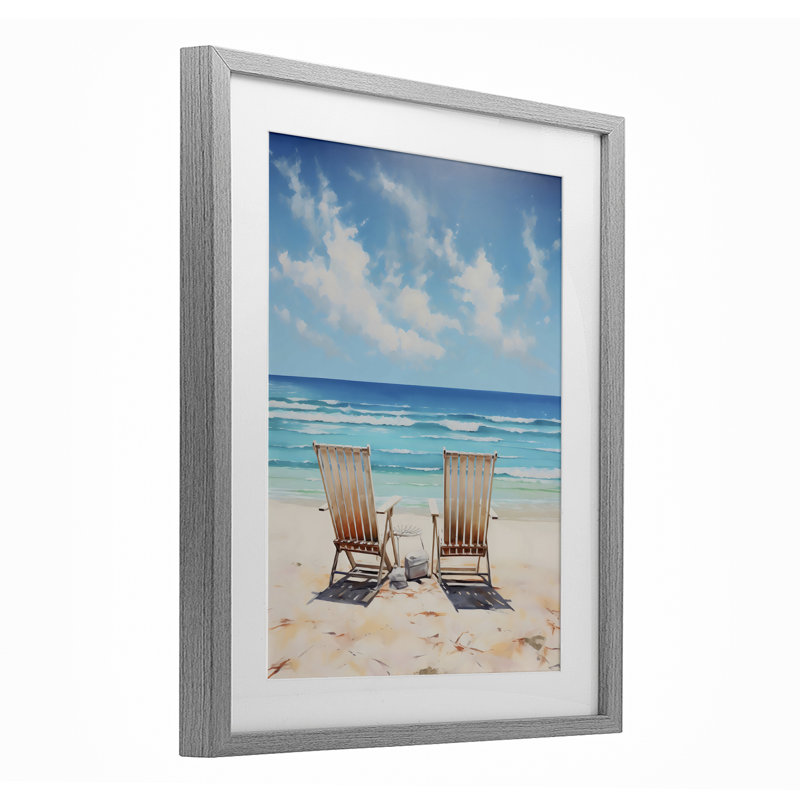 Adirondack Beach Chairs View, reproduction encadrée sous verre, design par LSR Design Studio, Cadre de ferme gris