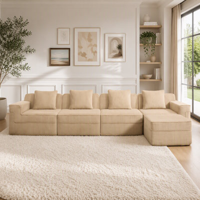 Modular 4-Seat L-Shape Corduroy Cloud Sofa with Ottoman & No Assembly