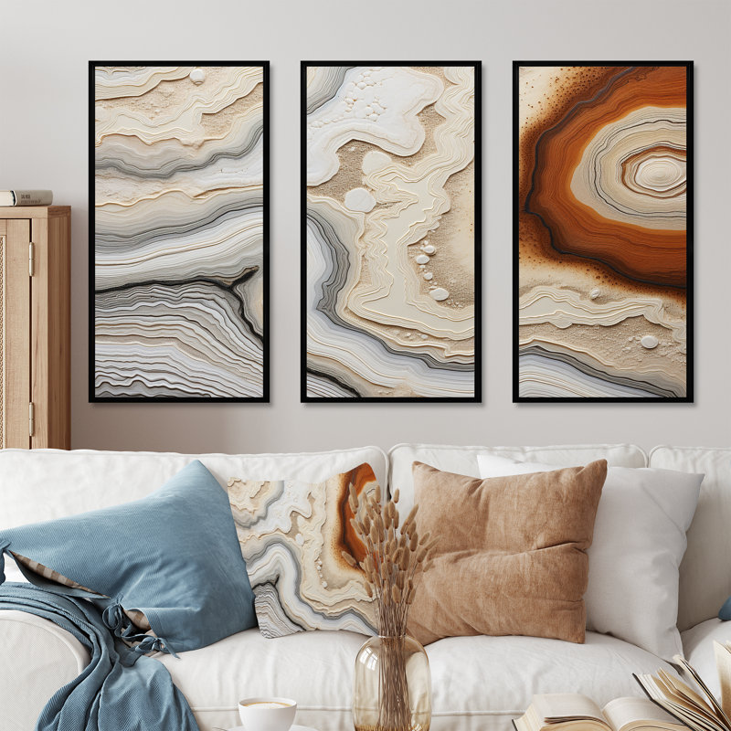 Ensemble de salon Beige et orange Minimalisme Stone Geode III, H 28 po x l 36 po x P 1 po, Cadre flottant noir