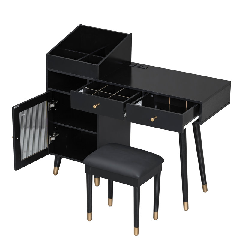 Modern Dressing Table Black, Drawers, Cabinet, Charging Outlets, Wooden Stool With Soft Pu Padding, Square Desktop , -Glass Cabinet Door Craftwork Black Makeup Vanity, Ports, Comfortable Ergonomic