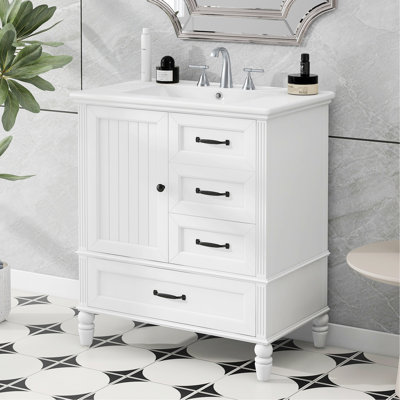 Bathroom Vanity with Ceramic Sink, Three Drawers, and One Door Cabinet