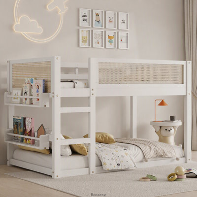 Lit superposé simple au-dessus d'un lit simple avec tablettes de rangement, lit superposé bas avec garde-corps en rotin, blanc, (date d’arrivée prévue 2026/5/26)