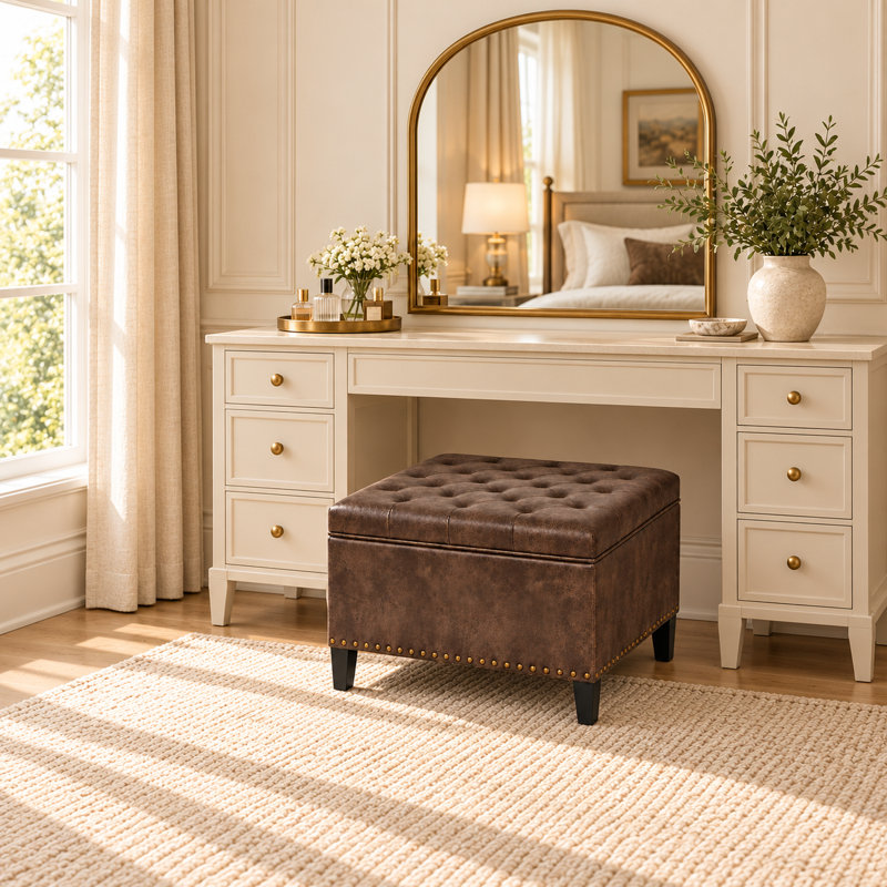 29.5'' Faux Leather Tufted Square Storage Ottoman For Living Room, Nelda Coffee Faux Leather