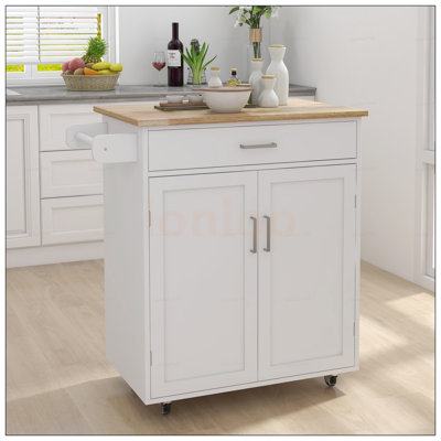 Adjustable Shelves Kitchen Island Trolley With Towel Rack And Rubber Wood Top For Enhanced Storage And Mobility