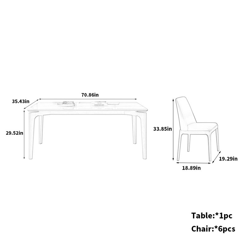 Contemporary Ash Dining Table Set, 29.52"H x 70.86"L x 35.43"W