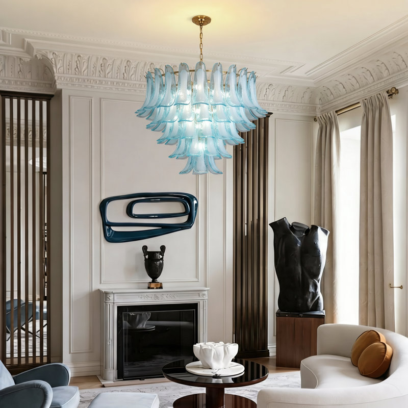 Artisanal Glass Multi-Layer Pendant Light - Vintage Mid-Century Elegance With Golden Accents, 26.4"H x 29.5"W x 29.5"D, Blue