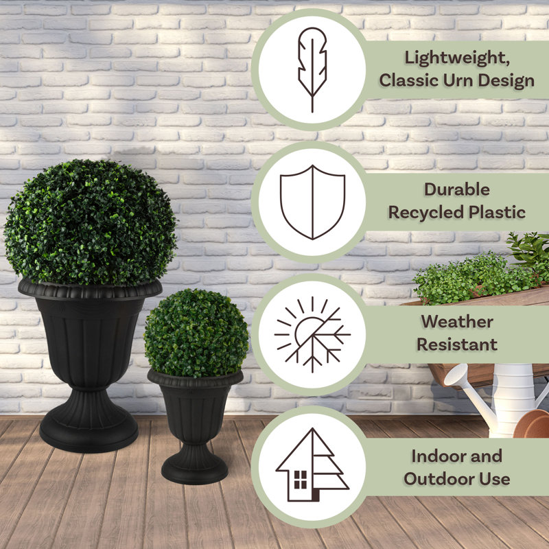 Outdoor Planter 2-Pack - Large and Small Urn Planters - Plastic Plant Pots for Indoor, Outdoor, or Front Porch Decor by Pure Garden (Black)