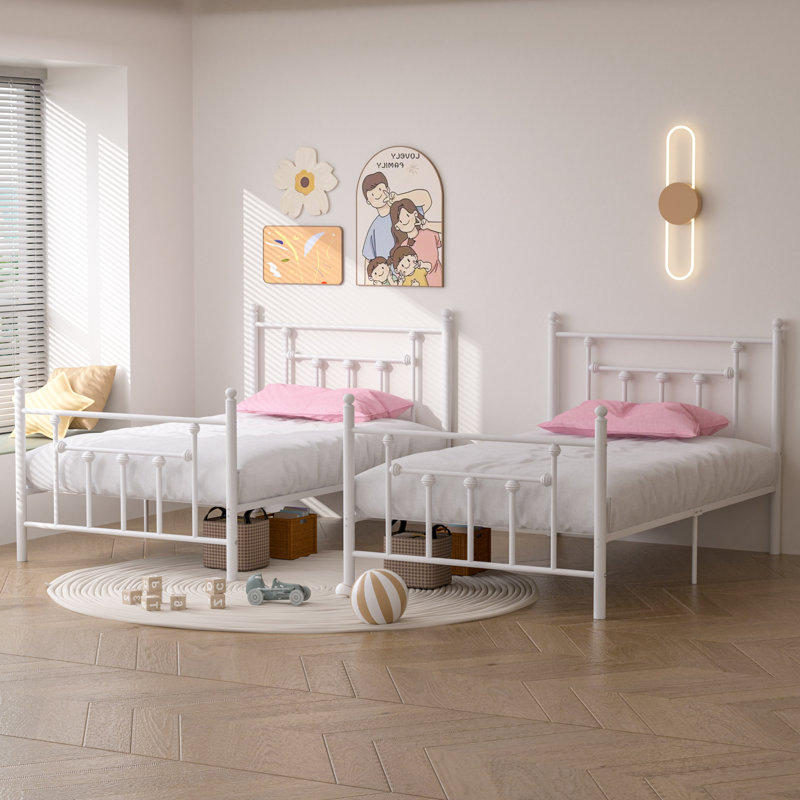 2 Set Bed Frame, 2Pcs Twin Size Metal Platform Bed, Mattress Foundation With Headboard, No Box Spring Needed, White