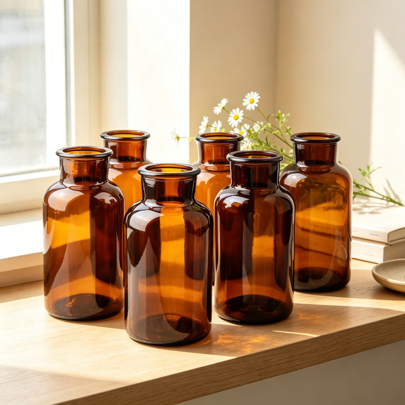 Ensemble de 6 petits vases ambrés, vases vintage en verre pour centres de table, bougeoirs, fleurs séchées, décor rustique pour mariage et intérieur