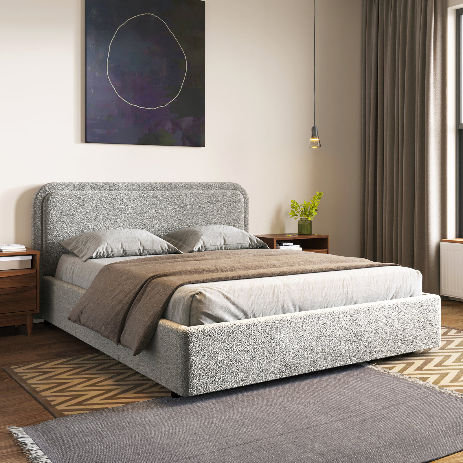 Baneza Platform Bed, Queen, Gray Boucle