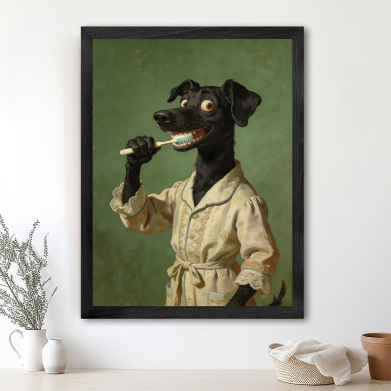 Art encadré noir, chien noir rétro, brossage des dents, art humoristique rétro, impressions encadrées, H 11 po x l 9 po
