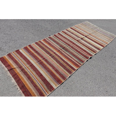 Handmade Turkish Kilim Runner With Red Stripes for a Rustic Hallway Home Decor Element