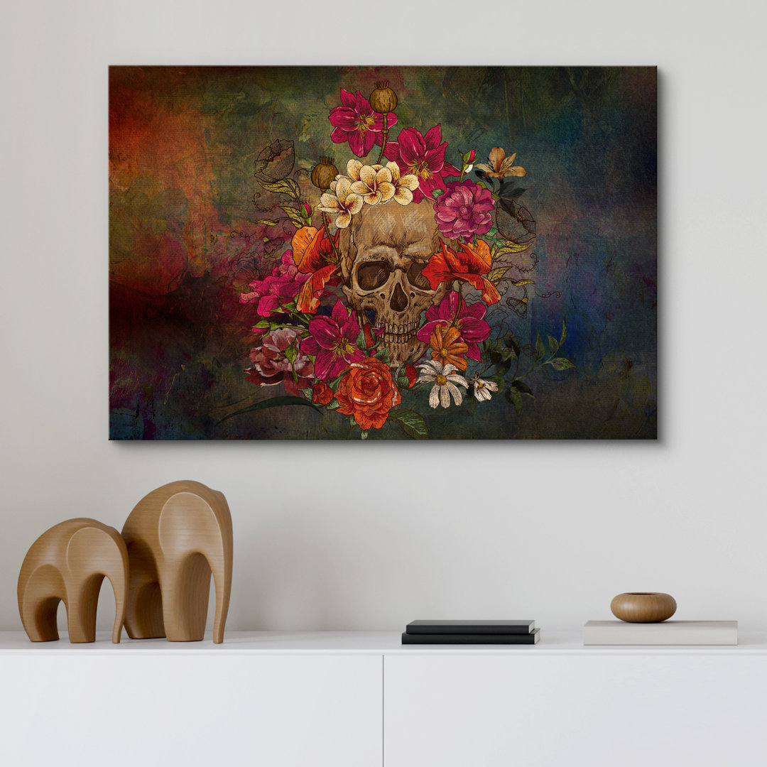 Moody Gothic " Day Of The Dead (Dia De Los Muertos) Skull With Blossom Flowers Gothic Moody " IDEA4WALL
