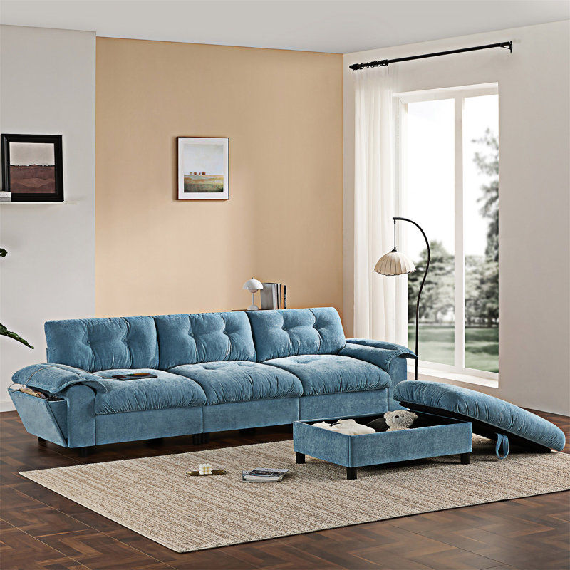Canapé modulaire avec porte-gobelet et repose-pieds de rangement mobile, Chenille bleu clair