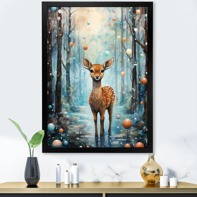 Forêt d'hiver, enfants, cerf, art mural animal, Cadre simple noir, H 20 po x l 12 po x P 1 po