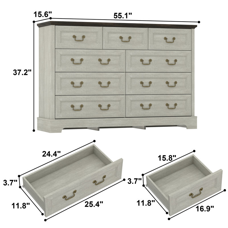 55.1" Farmhouse 9-Drawer Double Dresser and Media Console, Grey