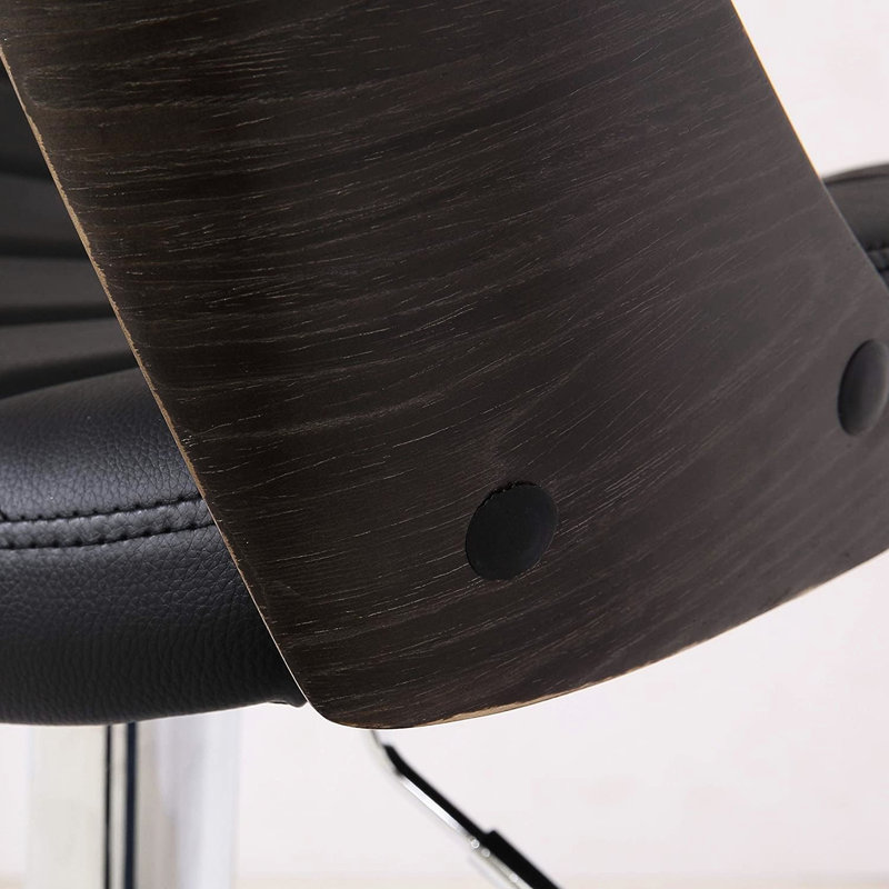 Weathered Oak Bar Stool With Curved Seat, Diamond Back, And 360 Swivel Function Swivel, Adjustable Height, Black Upholstery In For