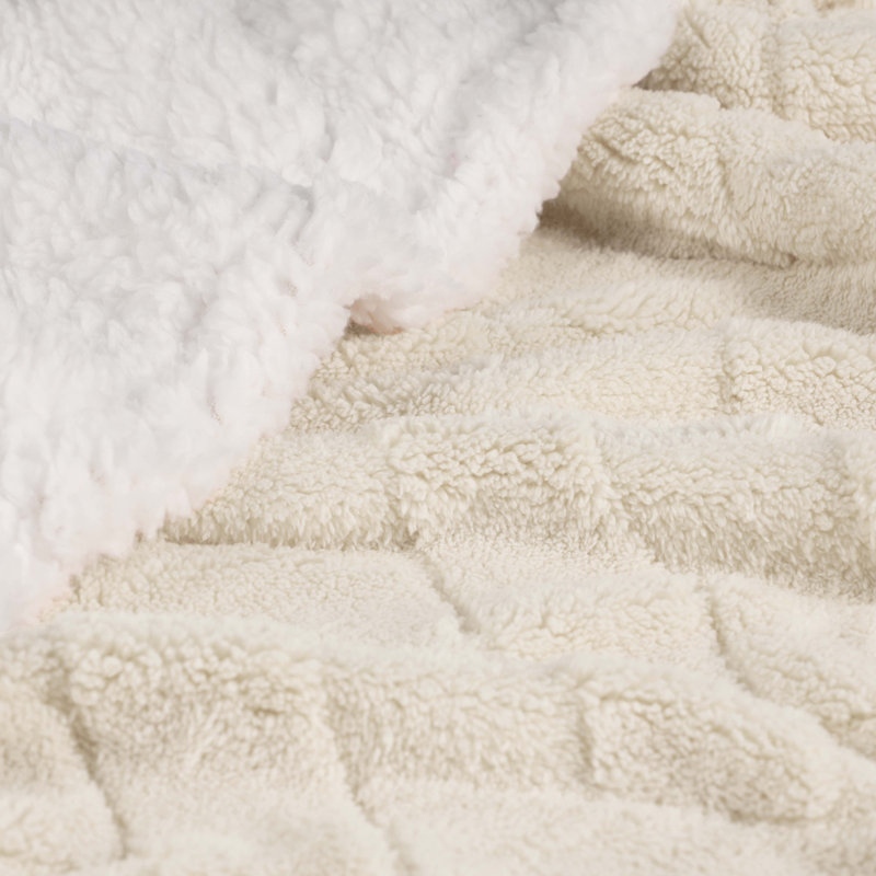 Superior Jacquard Lattice Fleece Plush Sherpa Reversible Blanket Medium Weight Fluffy Bedding, Ivory, Throw XL