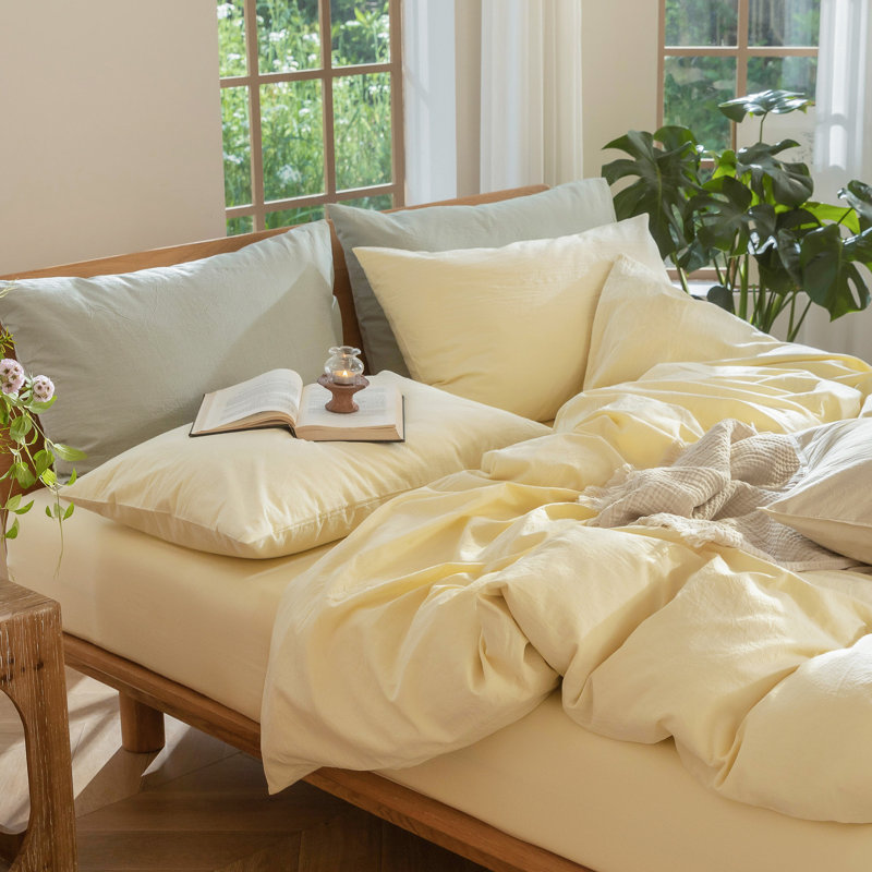 MooMee Lightweight Duvet Cover Set with Zipper Closure 8 Ties 100% Washed Cotton Linen Like Textured Soft Breathable All-Season