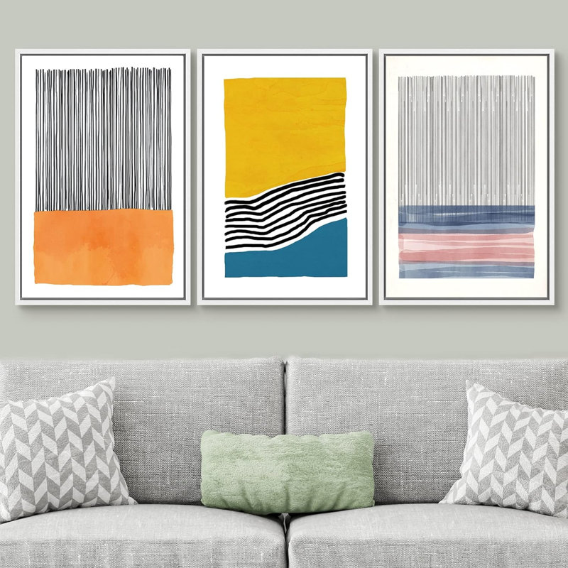 Abstrait, blocs de couleurs vives, orange, jaune, bleu et rose, blocs et lignes encadrés sur toile, impression de 3 pièces