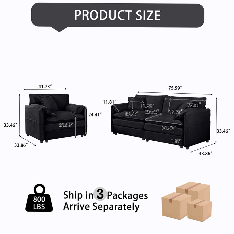 Ensemble luxueux de causeuse nuage en chenille 2 pièces de luxe avec assise profonde et configuration modulaire pour le salon, la chambre à coucher ou le bureau.
